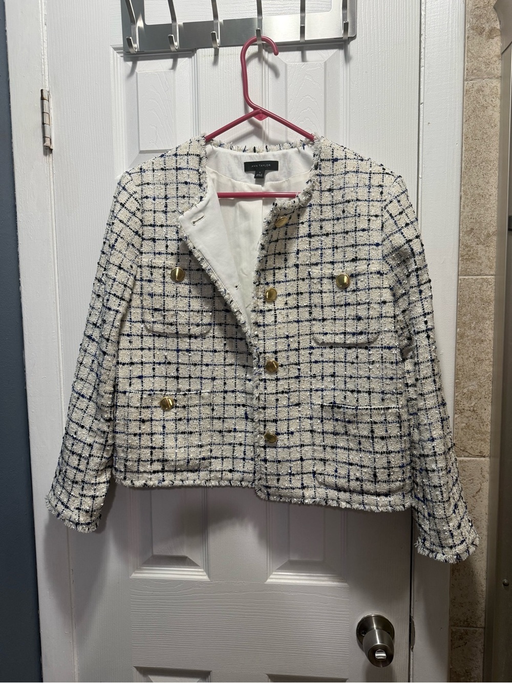 Ann Taylor Cream Tweed Jacket with Navy Windowpane and Gold Buttons